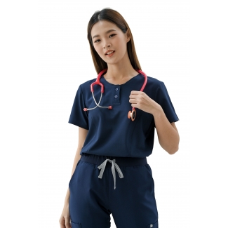 17642 - Round collar stretch top with 2 buttons and 2 pockets