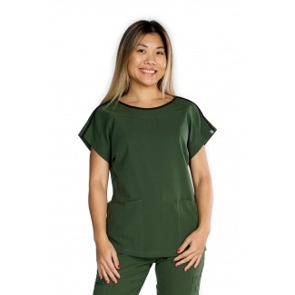 19110 - Boat neck contrast color sleeve stretch scrub top